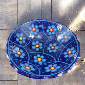Mexico Folk Art Pottery Dish Bowl Footed Salsa Dish Bowl Cobalt Blue Floral VTG